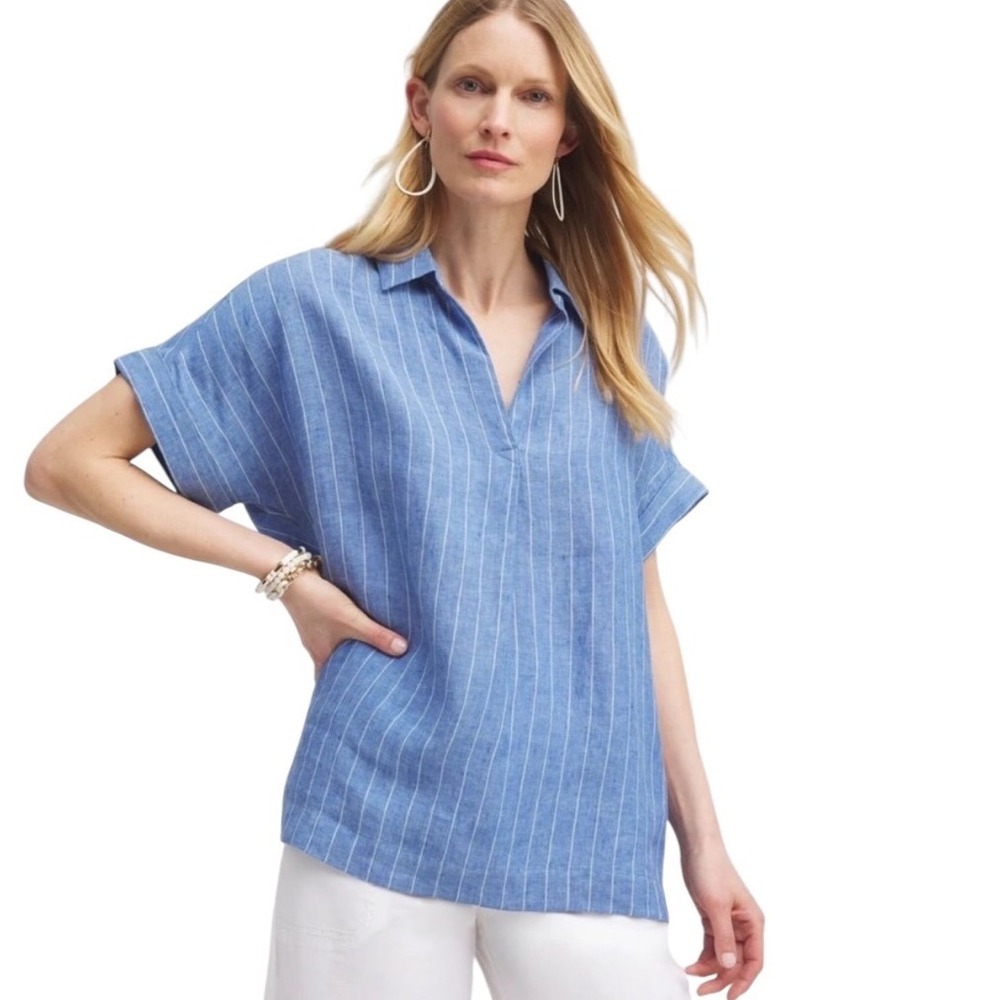 Chico's Linen Popover Top Blue White Striped Nautical Coastal Heritage Casual